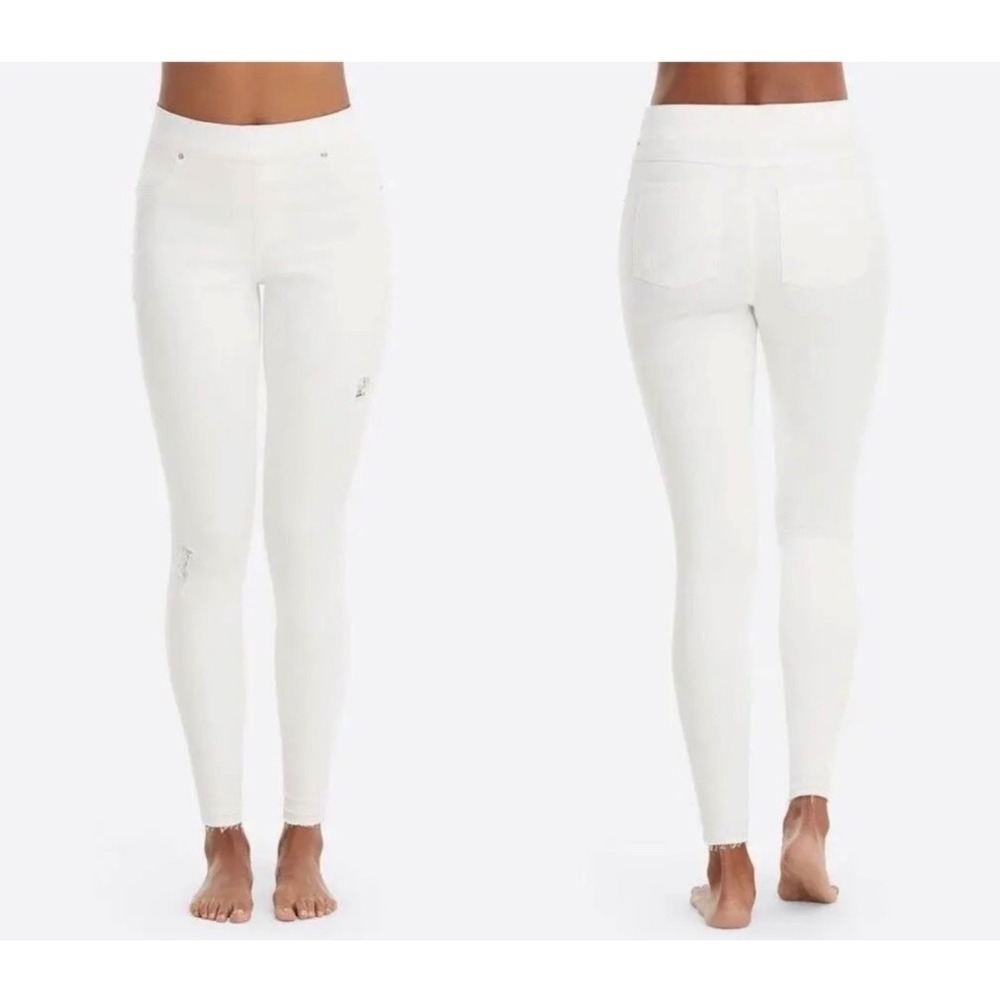 Spanx White Ankle Skinny Jean-ish Leggings Distressed Raw Hem Tummy‎ Control S